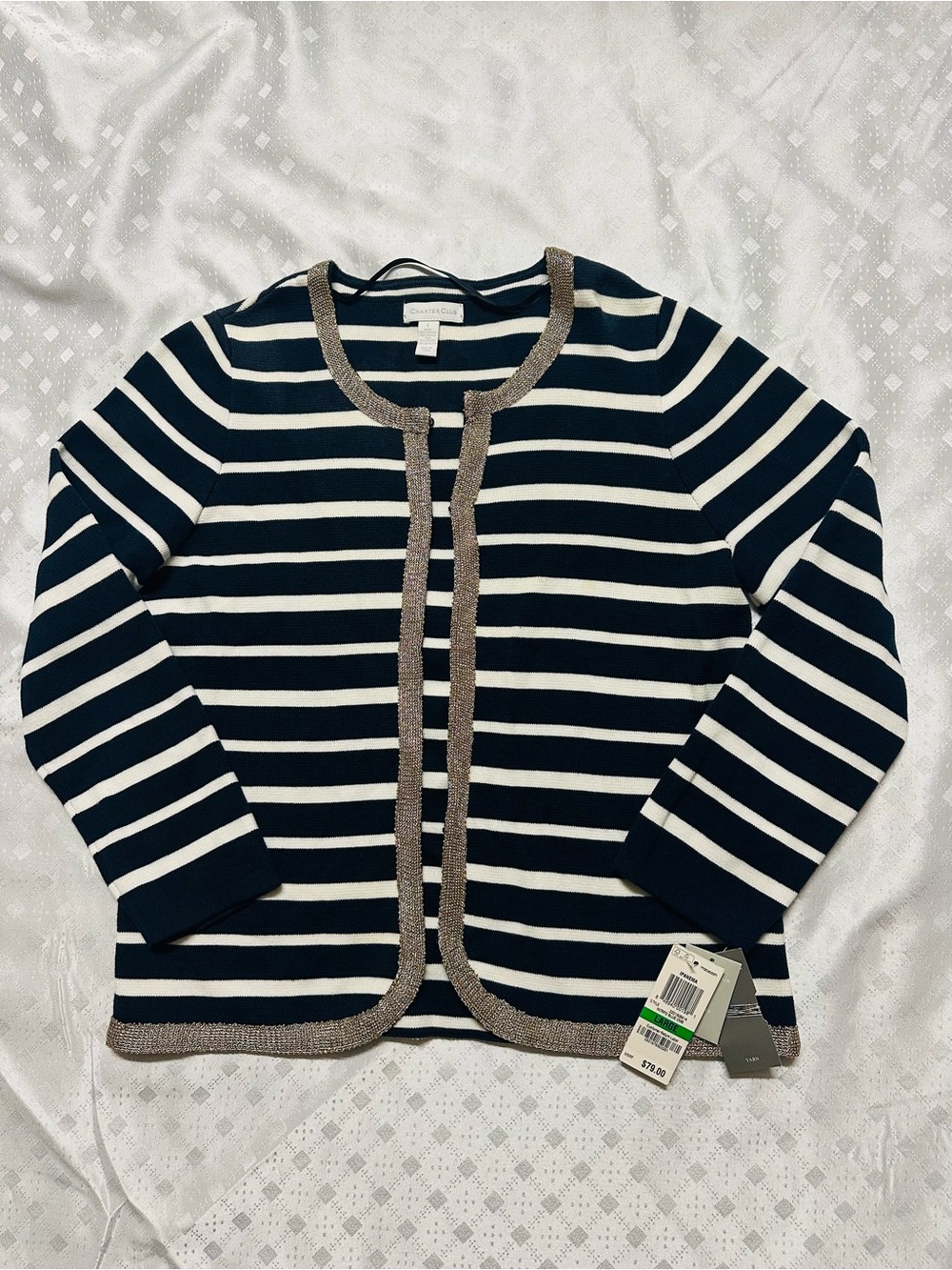 Ipanema Navy and White Striped Cardigan with Metallic Trim